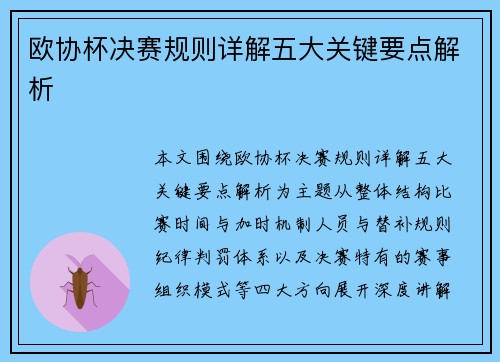 欧协杯决赛规则详解五大关键要点解析 欧协杯决赛规则详解五大关键要点解析