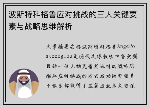 波斯特科格鲁应对挑战的三大关键要素与战略思维解析
